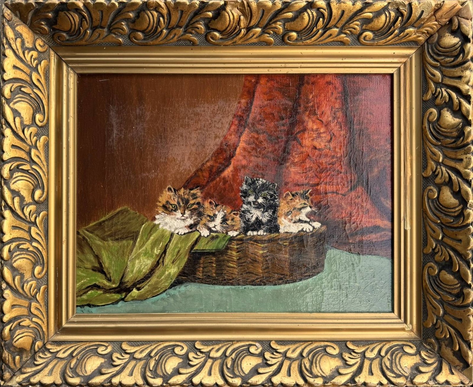 Vintage 1940s Cat Painting, Basket of Kittens, European Oil Painting